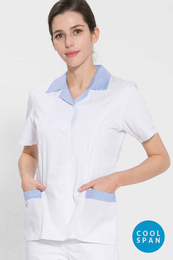 반팔 TC45수 쿨스판 위생복 셔츠(여성용) / 스카이블루체크